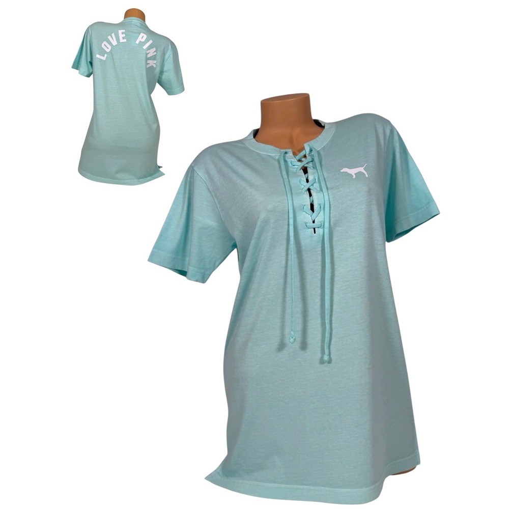 Victoria's Secret PINK Lace Up T-Shirt Mint Green Love Pink Graphic XS New